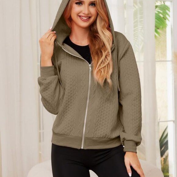 Khaki Women's Lightweight Long Sleeve Zip Up Crochet Knit Sweater Jacket for Fal - Picture 6 of 7